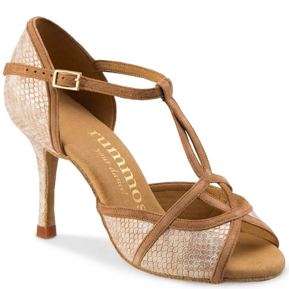 Rummos Santigold Latin dance shoe, perfect for Salsa and Tango, featuring soft leather, double cushioning, and balanced heel stability.