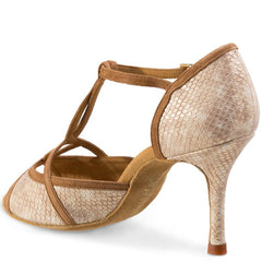 Elegant Latin dance shoe with snake print and cushioned sole, ideal for Salsa, Tango, and Kizomba dancing.