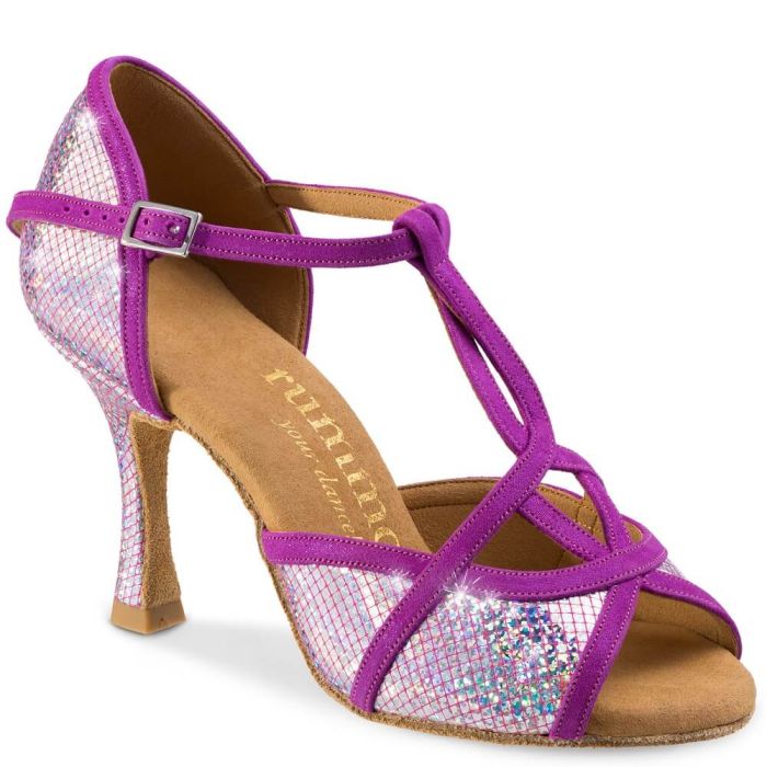 Rummos Santigold purple Latin dance shoe, ideal for Salsa and Tango, featuring sparkling design and cushioned support.