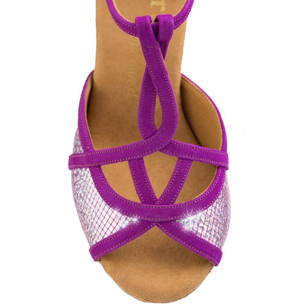 Purple Latin dance shoe with soft leather and satin, designed for comfort and flexibility in Salsa and Tango dancing.