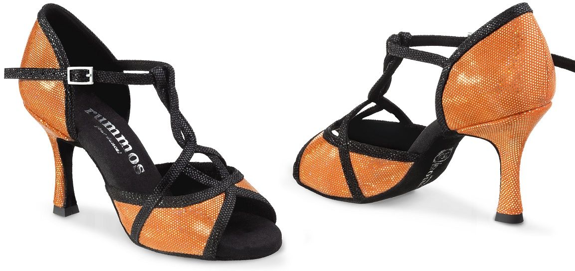 Rummos Santigold 548-061 Latin dance shoes in orange and black, ideal for Salsa, Tango, and Kizomba with exceptional comfort.