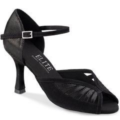 Elegant black dance shoes with ankle strap, mesh detailing, and stylish design for optimal comfort and support.