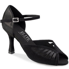 Stylish black dance shoes with ankle strap and mesh detailing, perfect for comfort and social dancing.