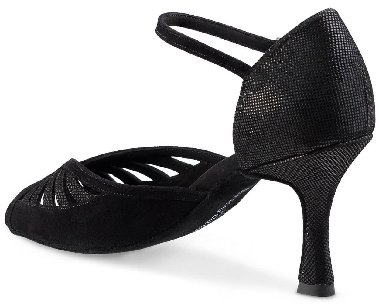 Beautiful black comfort dance shoe with intricate design and supportive heel for great foot support.