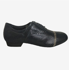 Tangolera 105 Pitoncino black snake print dance shoe with ergonomic design and durable suede sole for dance.