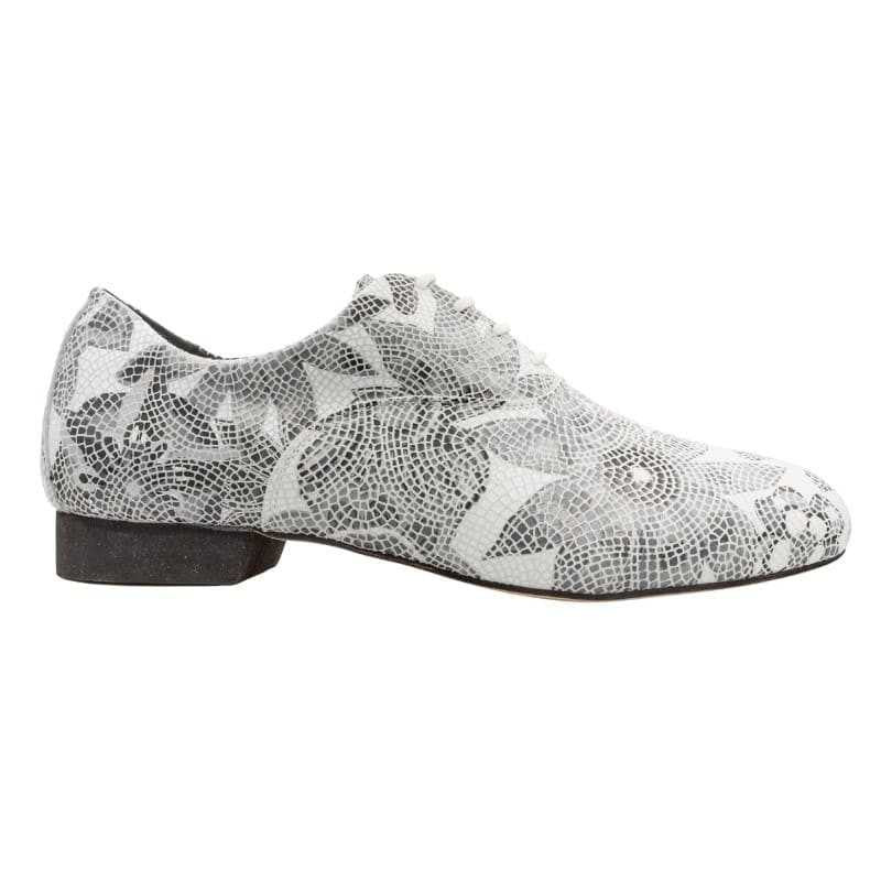 Tangolera 107 Mosaico leather shoe with unique mosaic design and stylish black and white pattern, ideal for dance.