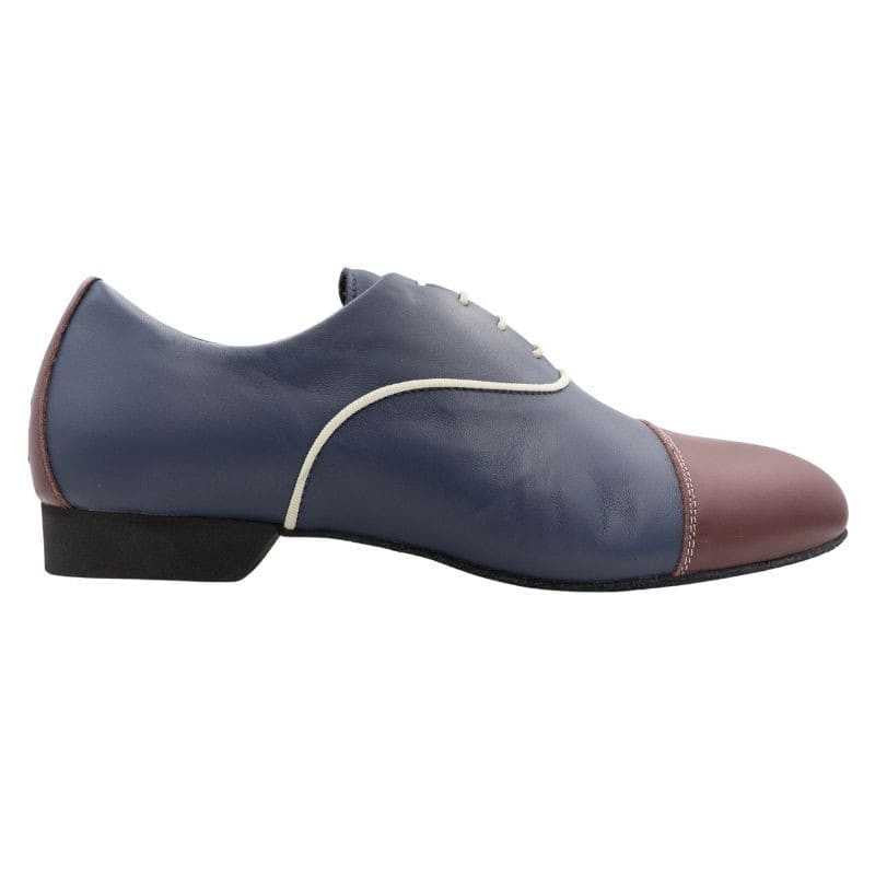 Stylish Tangolera 108 Avio dance shoe in avio blue and burgundy, featuring soft leather and ergonomic design for comfort.