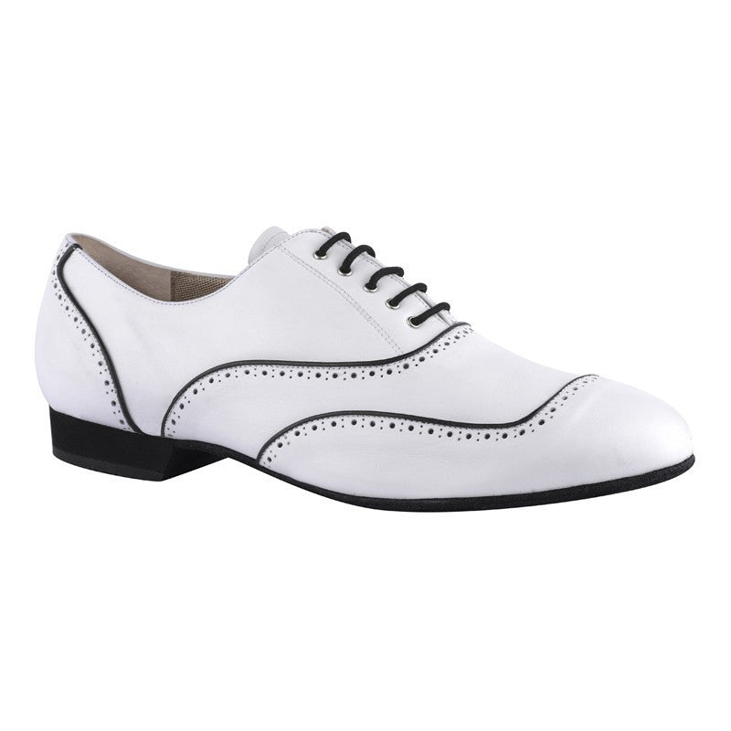 Stylish white dance shoe with perforated design, perfect for tango and ballroom dancing, featuring a comfortable fit.