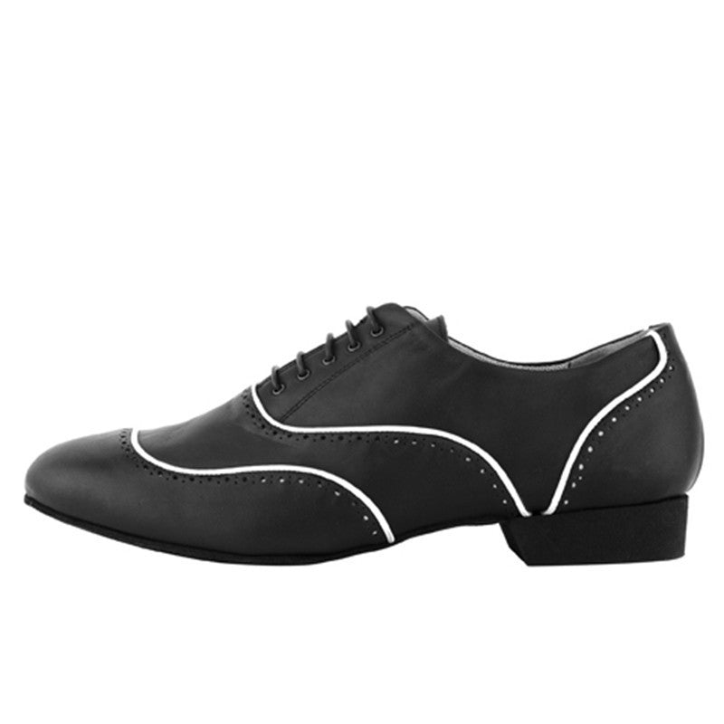 Modern black dance shoe with white accents, featuring a comfortable fit and durable design for tango and other styles.