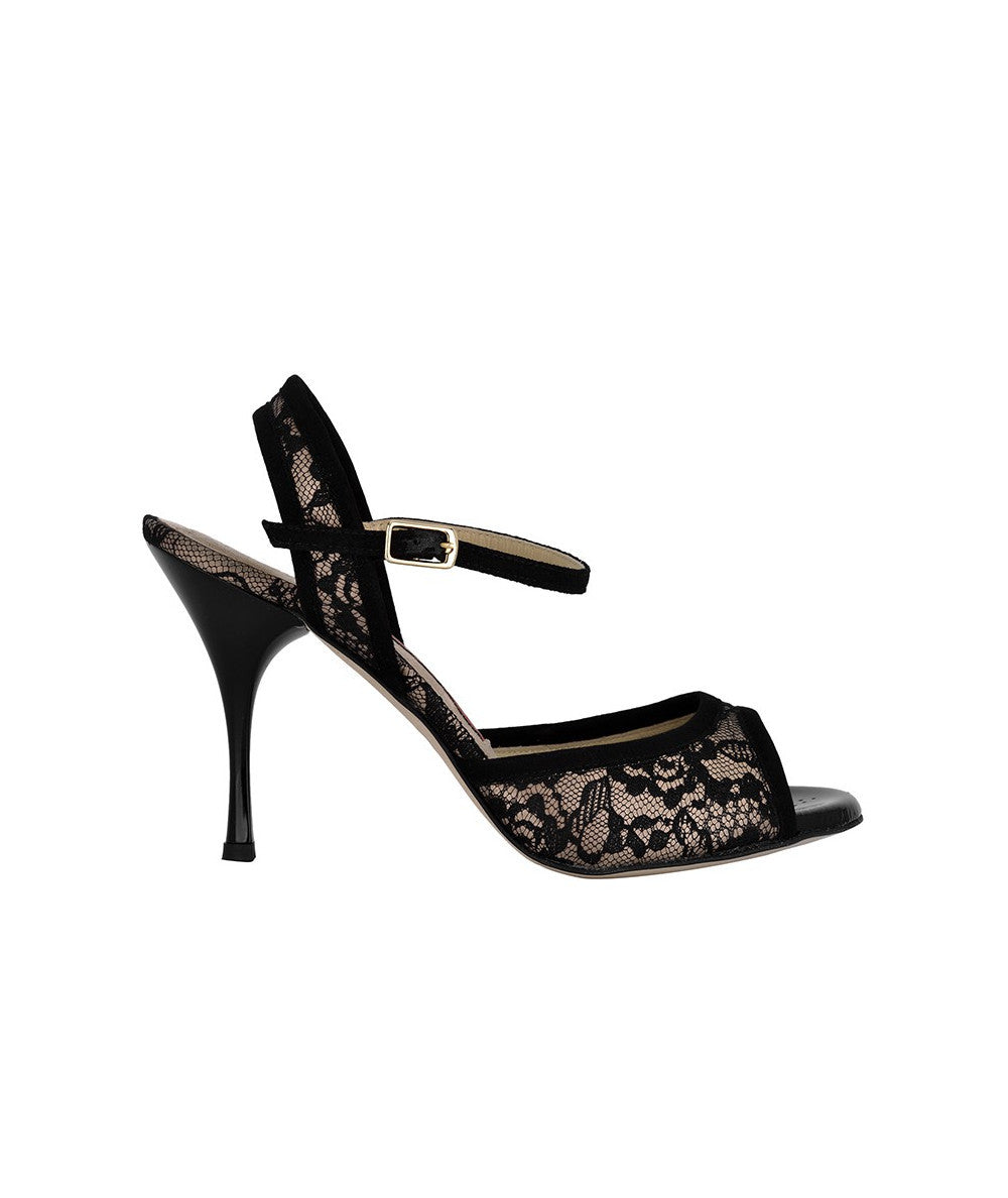 Elegant black lace high heel sandal with adjustable ankle strap and 9 cm stiletto heel, perfect for refined looks.