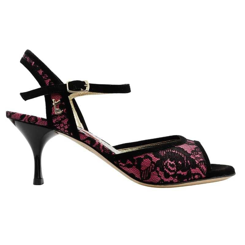 Elegant Tangolera A1 black lace sandals with pink accents and 6 cm heel, featuring adjustable ankle strap for comfort.