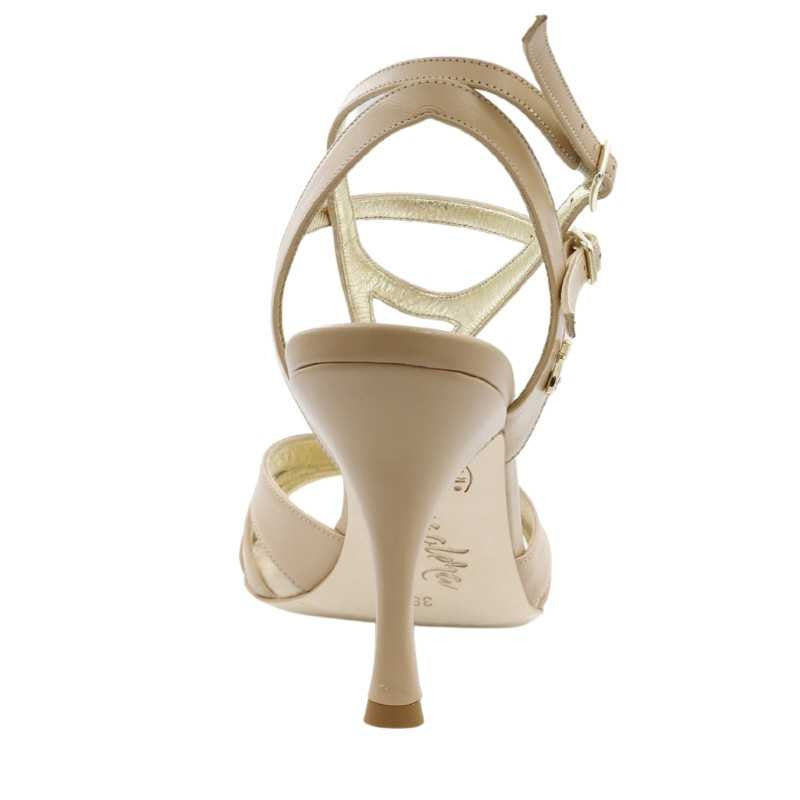 Elegant nude high heel sandal with 9 cm stiletto heel and adjustable ankle strap, showcasing handcrafted luxury.