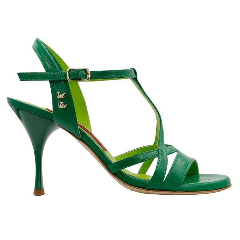 Elegant Tangolera A11 Verde Nappa Soft sandal with open toe and 8 cm heel, featuring adjustable ankle strap in soft green leather.