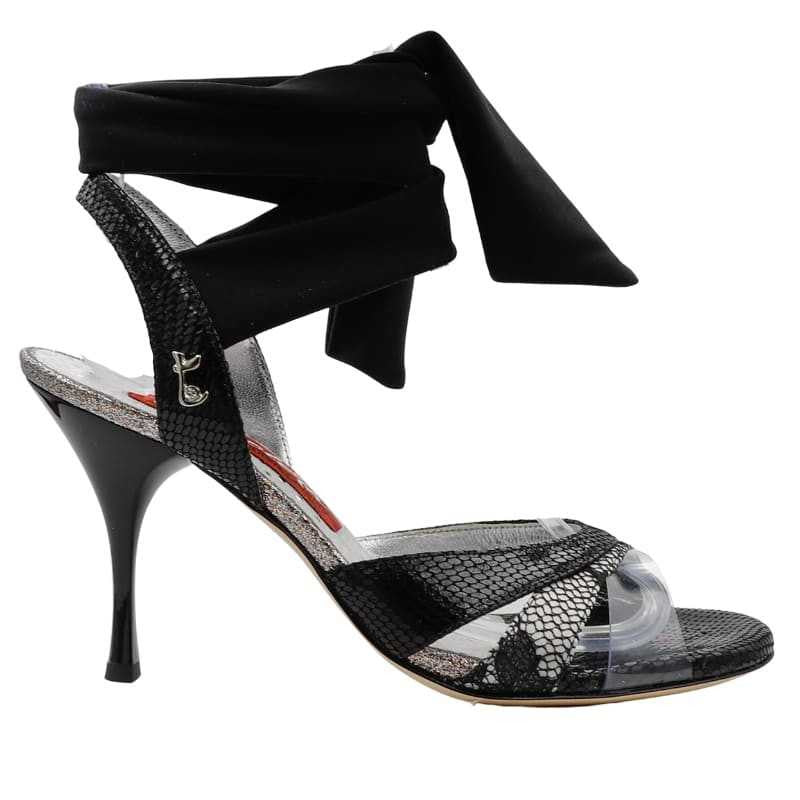 Elegant black heel shoe with strappy design, transparent accents, and 8 cm heel height, perfect for dance and special occasions.