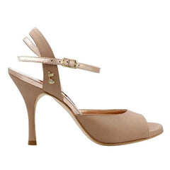 Tangolera A2 Nappa Beige soft heel shoe with 9 cm heel, open toe, adjustable ankle strap, and suede sole.