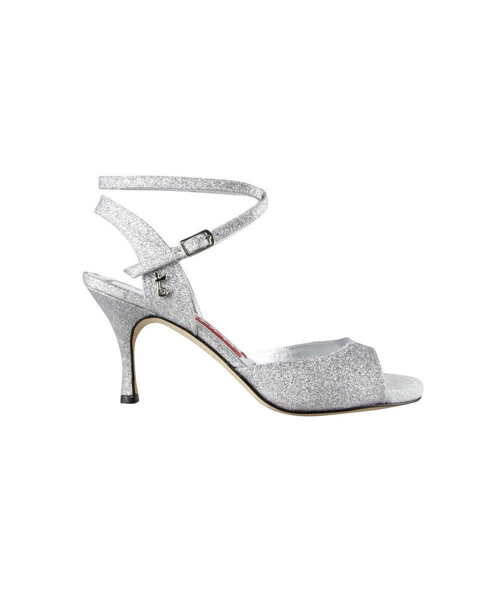 Tangolera A31 Glitterino Argento silver glitter dance shoe with 7cm heel and adjustable ankle strap for comfort.