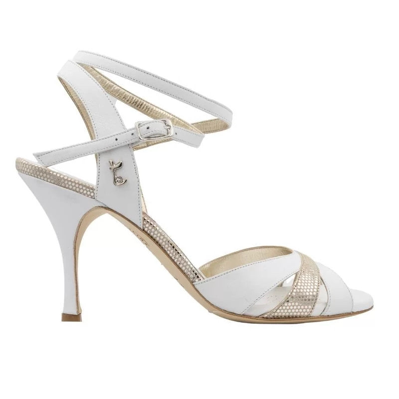 Tangolera A6CL Bianco Argento white and silver heel with 8cm, adjustable ankle strap, open toe for dance elegance.