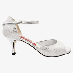 Tangolera A8 Argento dance shoe, 6cm heel, silver finish, open toe, adjustable ankle strap, comfortable design.