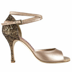 Tangolera A8CL Glitter Bronzo heel with bronze glitter, nappa leather, and adjustable ankle strap for glamorous style.