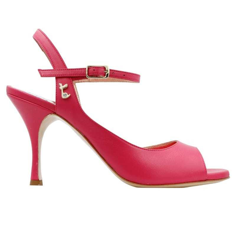 Tangolera A9 Geranio pink leather dance shoe with 8cm heel, open toe and adjustable ankle strap. Elegant and comfortable design.