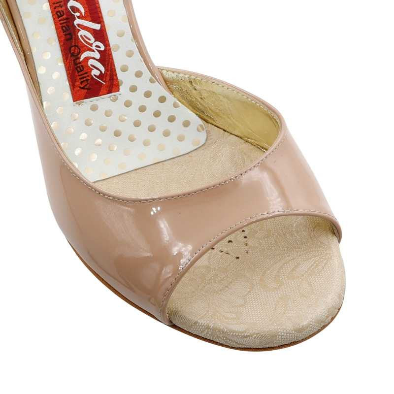 Tangolera A9 Vernice Nude open-toe heel with adjustable strap and No More Pain© insole for comfort and style.