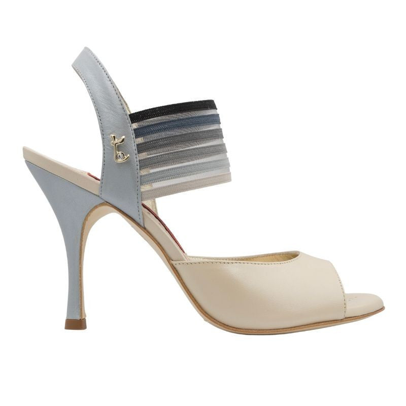 Stylish beige and blue high-heel sandal with multicolor strap and open toe design. Perfect for elegant occasions.