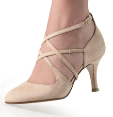 Stylish beige closed dance shoe with cross straps and a 7 cm heel for a secure fit.