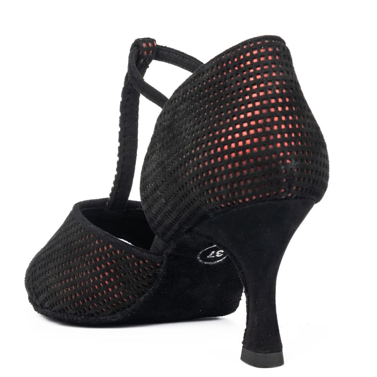 Elegant black Rummos R325 dance shoe with T-strap design and suede sole for optimal comfort and flexibility.