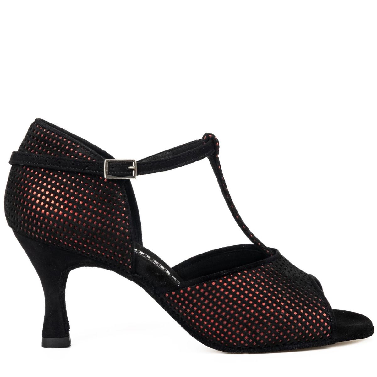 Elegant Rummos R325 T-strap dance shoe in black and red, ideal for Latin and Kizomba with suede sole for optimal movement.