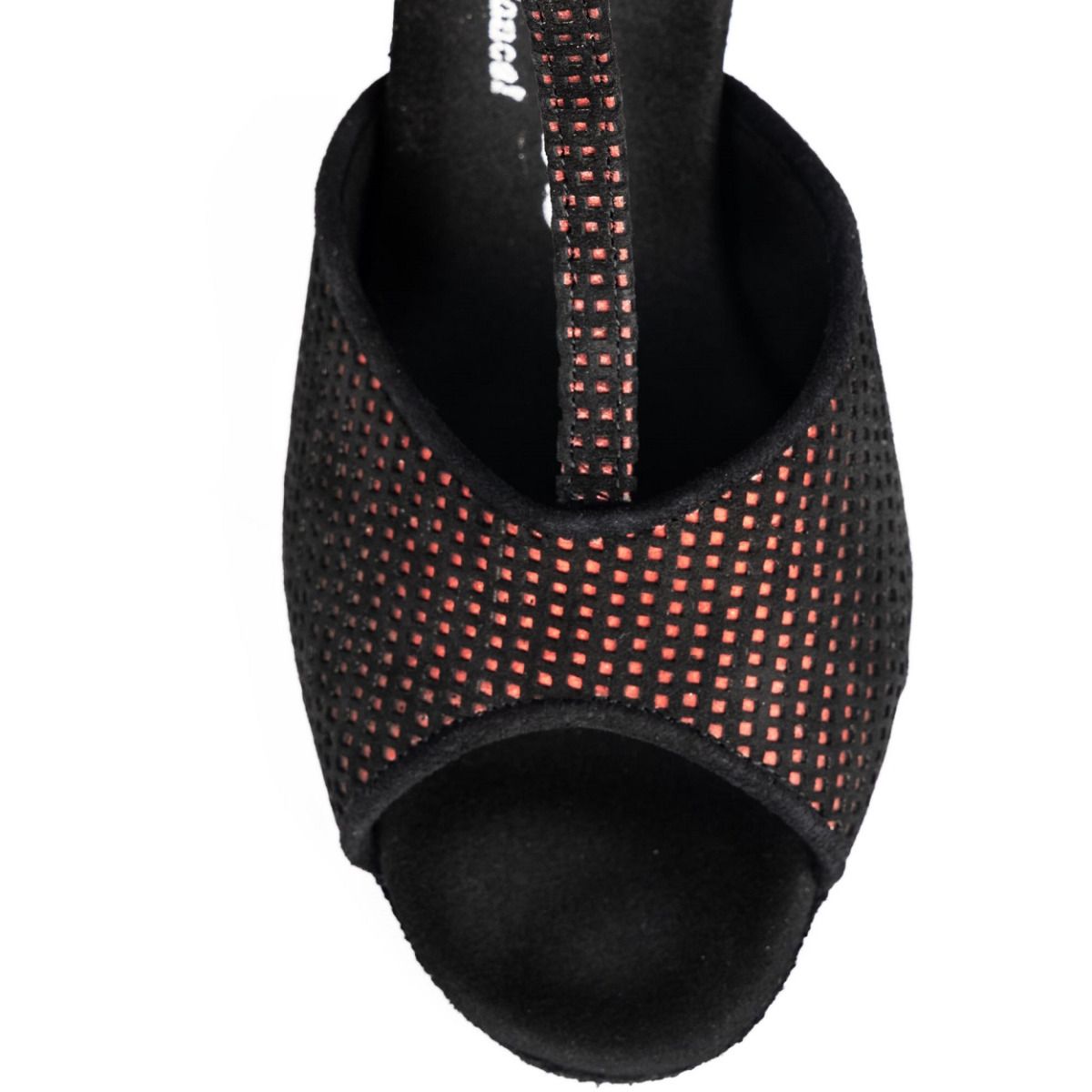 Elegant black T-strap dance shoe with perforated design, ideal for Latin and Kizomba styles, offering comfort and support.