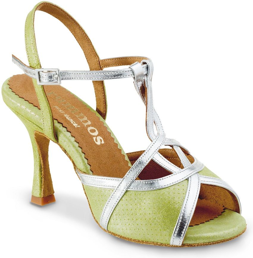 Stylish green and silver high heel sandal with crisscross straps, perfect for dance events and formal occasions.