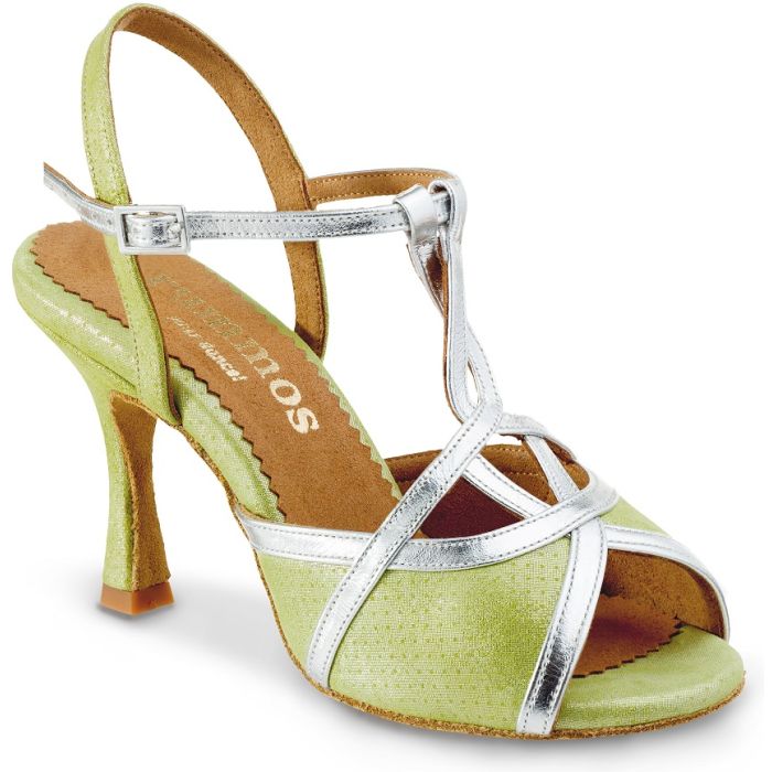 Stylish green tango shoes with silver accents and a high heel, perfect for dance performances.