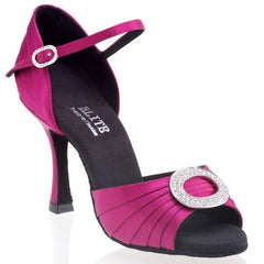 Elite Cleopatra 042 pink dance sandal featuring crystal-embellished brooch and elegant pleated design.