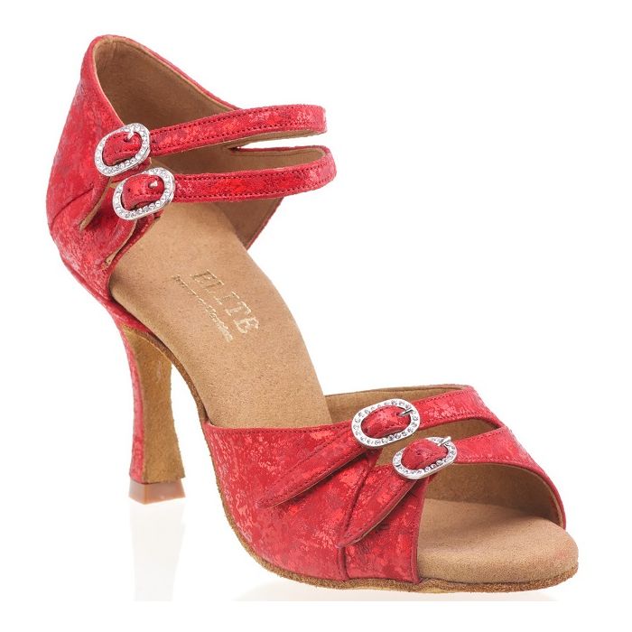 Stylish red dance shoes with adjustable ankle straps and crystal accents for a refined look and comfort.