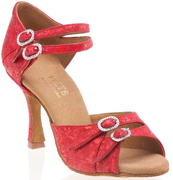 Handcrafted Elite Elena 038 red dance shoe with adjustable straps, ideal for Salsa, Tango, and Kizomba, providing comfort and support.