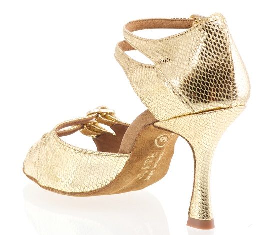 Elite Elena 050 professional golden dance shoe with adjustable straps and elegant heel for enhanced stability and comfort.