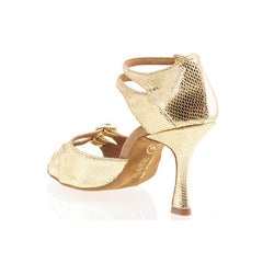 Elegant gold dance shoe with delicate design, adjustable ankle strap, and comfortable heel for performance and style.