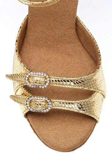 Elite Elena 050 gold dance shoe with decorative buckles, designed for comfort and stability in Latin dancing.