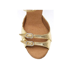 Elegant gold dance shoe with crystal buckles, featuring a comfortable sole and adjustable straps for a perfect fit.