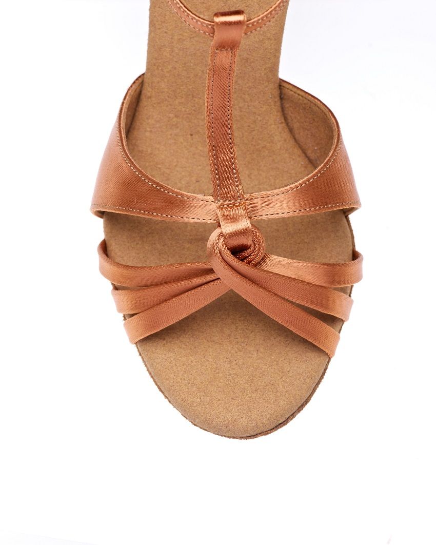 Top view of Elite Amalia 048 professional dance shoe with elegant brown straps and cushioned insole for comfort.