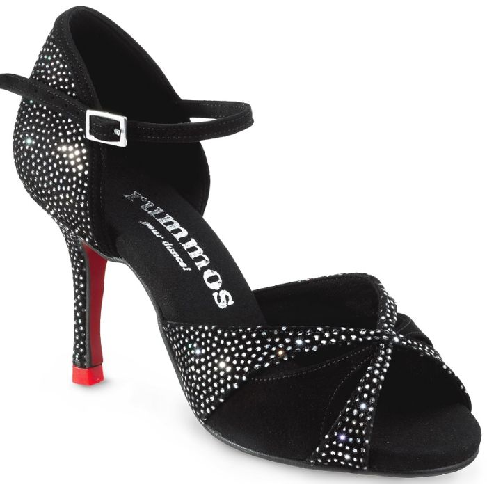 Elegant black dance shoe with rhinestones and red heel, perfect for Salsa, Tango, and Kizomba.