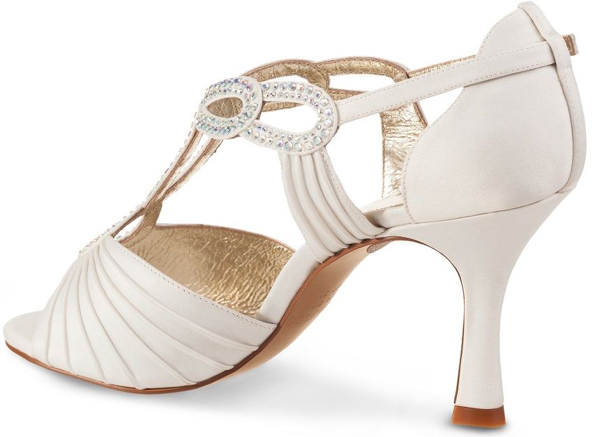 Elegant hand-crafted satin sandals with crystal embellishment and balanced heel for dance comfort and flexibility.