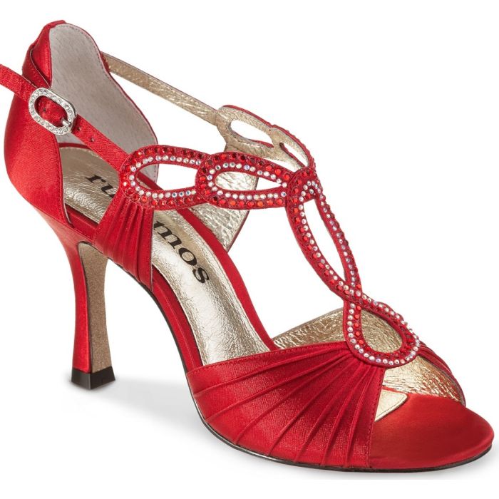 Handgemaakte red satin sandalen met kristallen, ideaal voor dansen en elegantie, met uitstekende voetondersteuning en comfort.