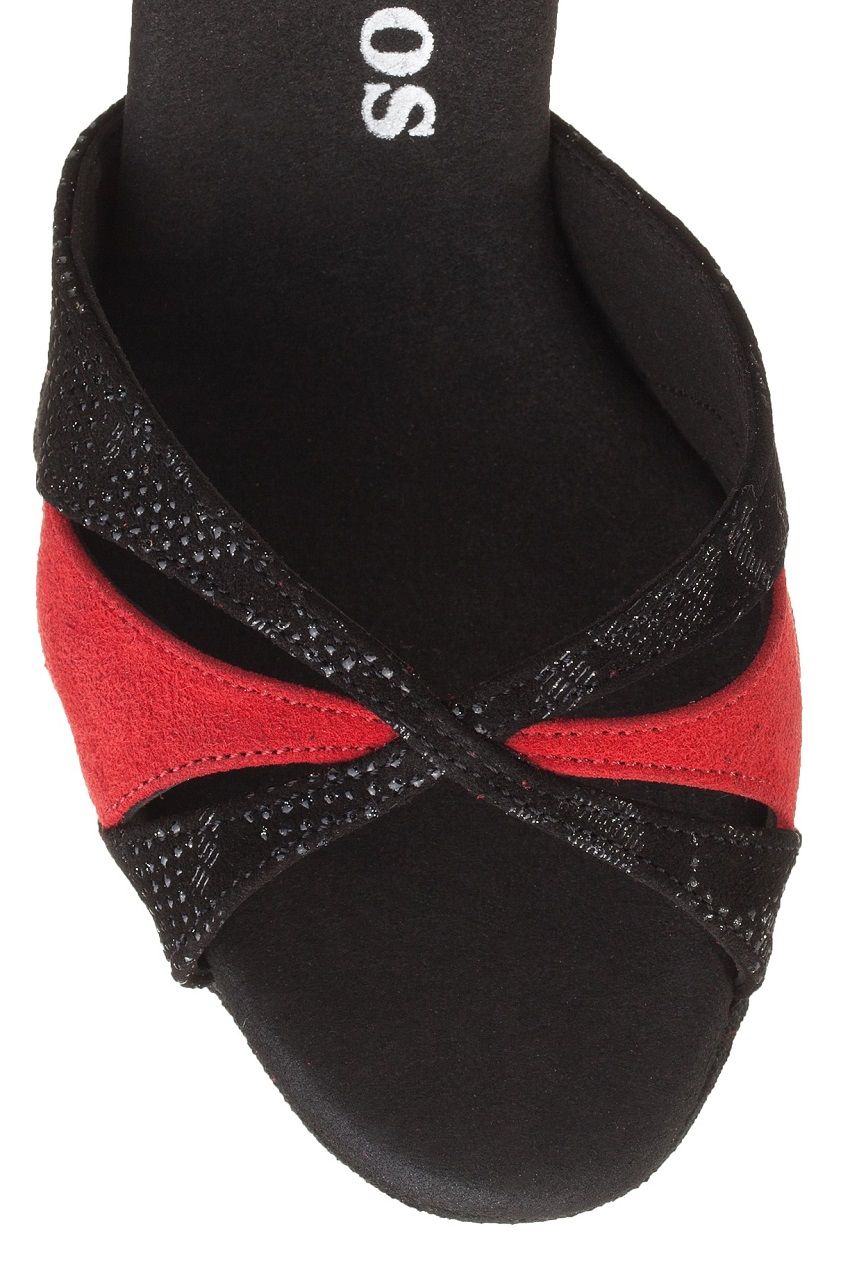 Rummos Emma 111-028 sandal with black and red cross-strap design, offering comfort and support for dance styles.