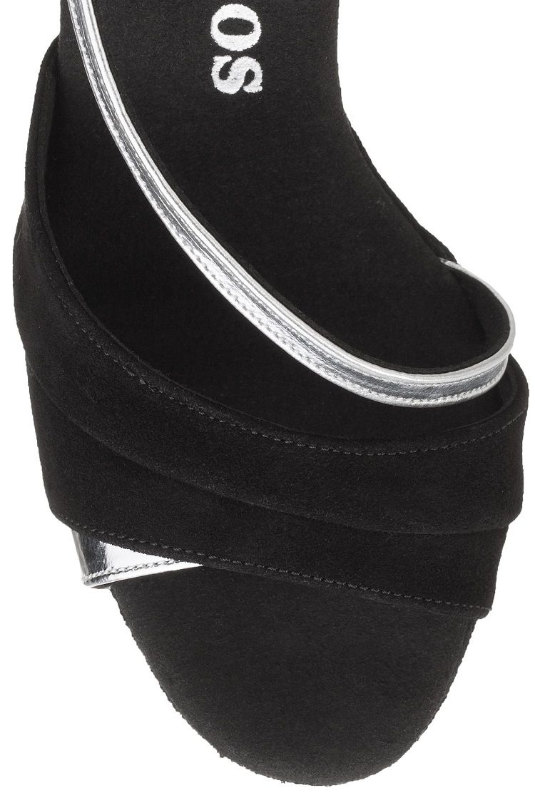 Rummos R304 black open-toe dance shoe with elegant silver detailing and soft materials for comfort.