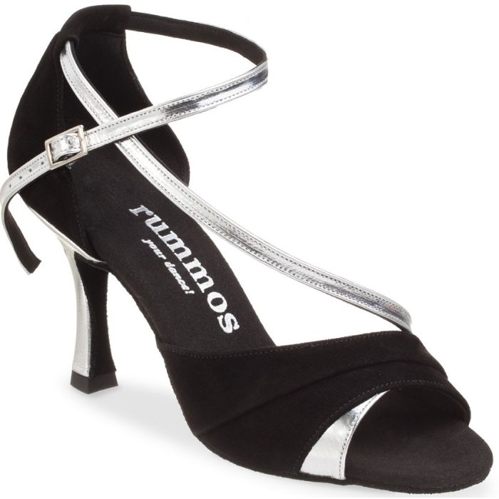 Rummos R304 black open-toe dance shoe with silver accents and ankle strap, ideal for Latin and Salsa dancing.