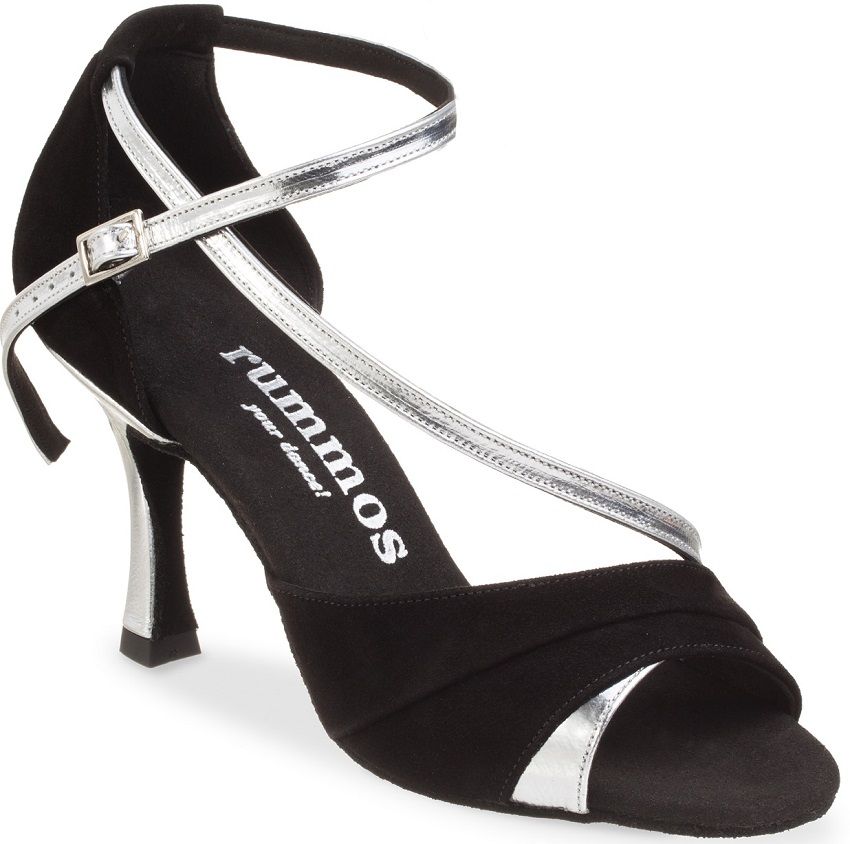 Rummos R304 open-toe dance shoe with silver accents, designed for Latin and Salsa, featuring ankle strap and cushioning.