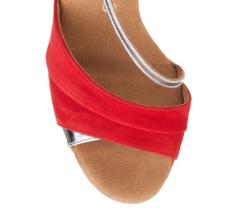 Rummos R304 elegant open-toe dance shoe in red suede with silver detailing, showcasing comfort and style.