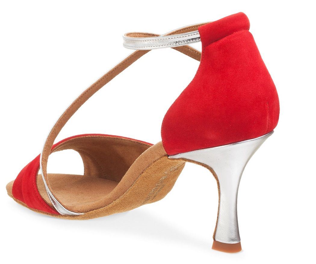 Rummos R304 elegant red dance shoe with open toe, soft materials, and silver heel for Latin and Salsa dancing.