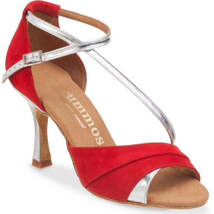 Rummos R304 red open-toe dance shoe with silver accents, designed for comfort and support in Latin and Salsa dancing.